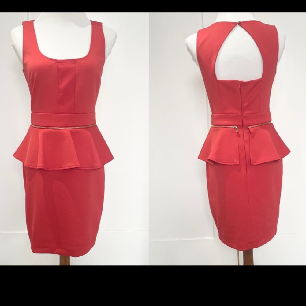 GUESS Red/Orange Peplum Dress w/Gold Zipper Accent